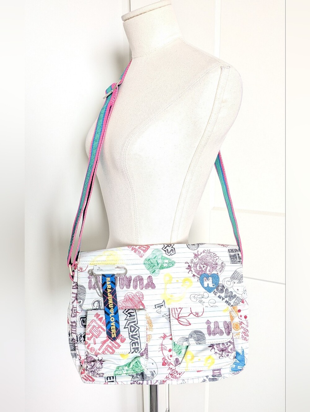 Y2K Vintage Harajuku Lovers White Colorful Doodle Sketch Messenger Satchel Bag